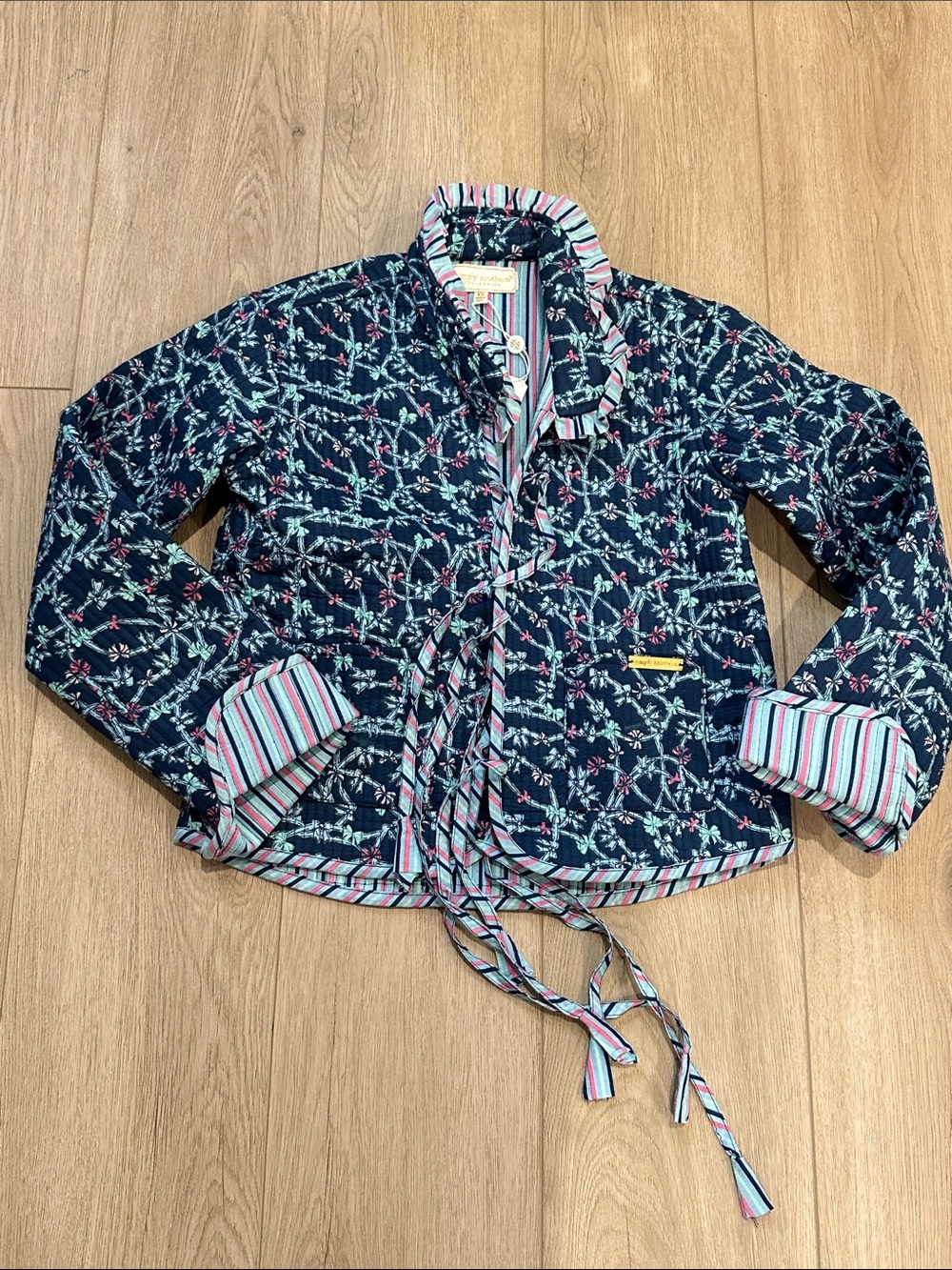 Simply Southern Navy Quilted Jacket with Pink & White Stripe Trim